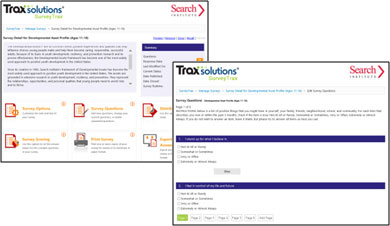 Screencaps from Search Institute's Developmental Assets Profile in SurveyTrax, which provides online survey software for human services organizations.